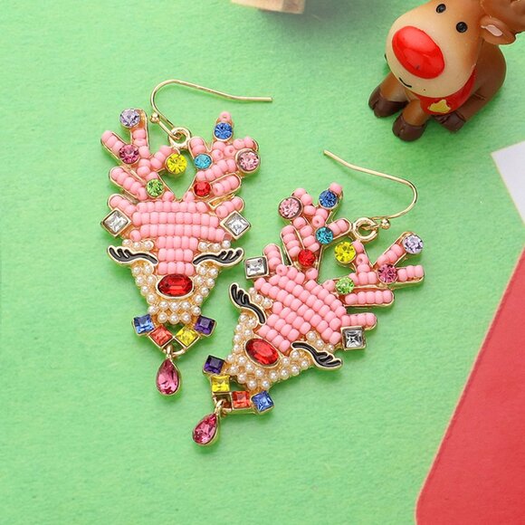 NEW in Gift Pouch - Reindeer Crystal & Beaded Christmas Holiday Pink Earrings - Picture 3 of 5